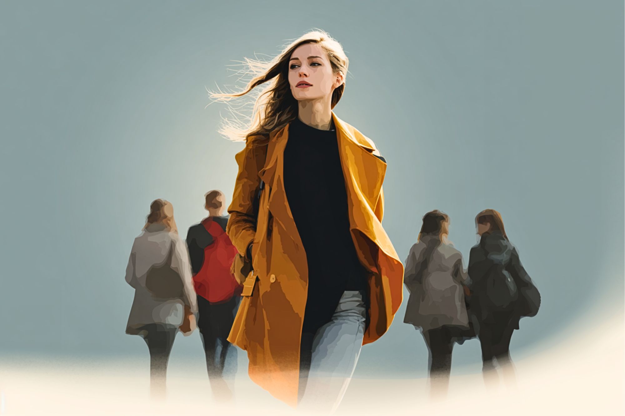 A woman in a yellow coat walks confidently toward the viewer, with wind blowing her hair, while four blurred figures walk in the opposite direction in the background against a soft, grayish-blue backdrop.