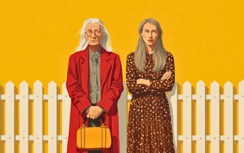 An elderly woman in a red coat holding a yellow bag stands beside a younger woman in a brown polka-dot dress with folded arms, both in front of a white picket fence and a bright yellow background.