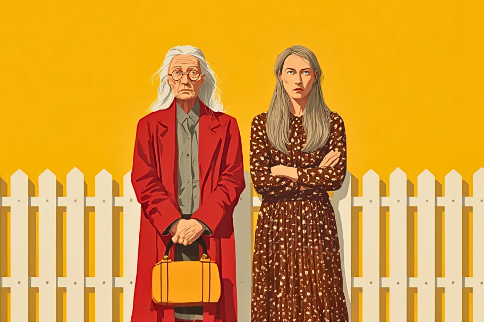 An elderly woman in a red coat holding a yellow bag stands beside a younger woman in a brown polka-dot dress with folded arms, both in front of a white picket fence and a bright yellow background.