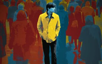 A person in a bright yellow coat with blue-toned skin stands out in a crowd of people depicted in muted red and blue colors, creating a striking contrast between the individual and the background.