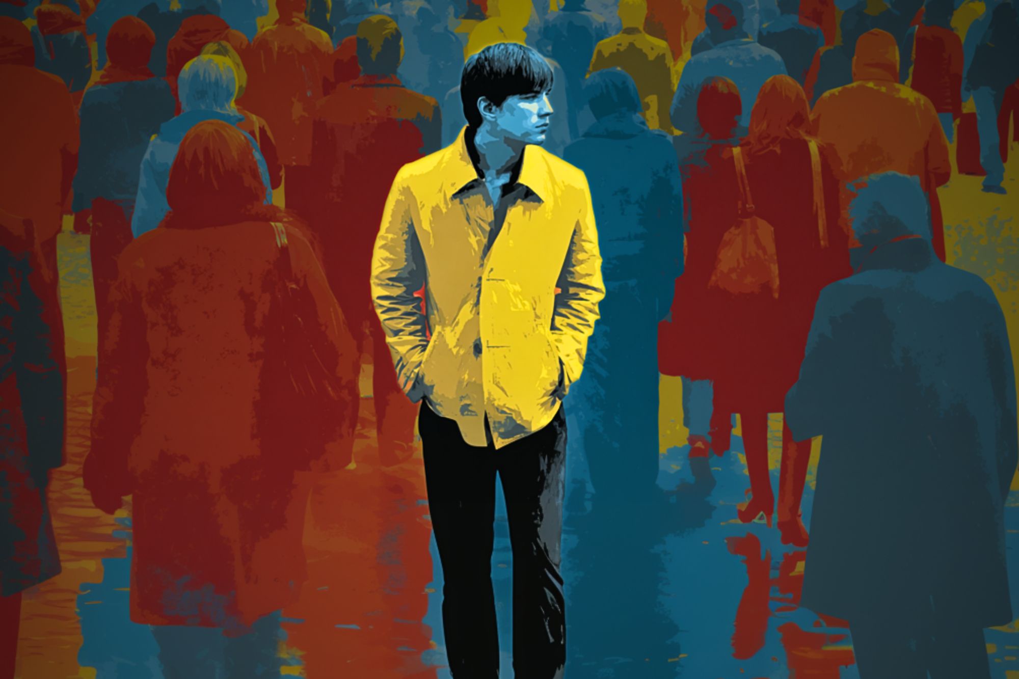 A person in a bright yellow coat with blue-toned skin stands out in a crowd of people depicted in muted red and blue colors, creating a striking contrast between the individual and the background.
