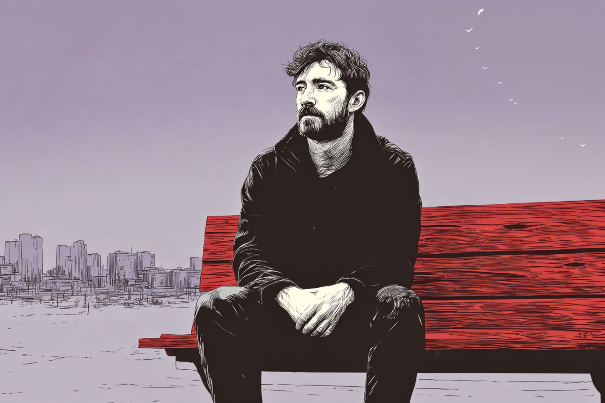 An illustration of a man with dark hair and a beard sitting on a red bench, looking contemplative. A city skyline is visible in the background under a pale purple sky with a few birds flying.