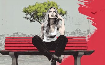 A young woman sits on a red bench, looking thoughtful. She wears a white tank top and black pants. A green tree and cityscape appear in the background, with red paint strokes on the right side of the image.