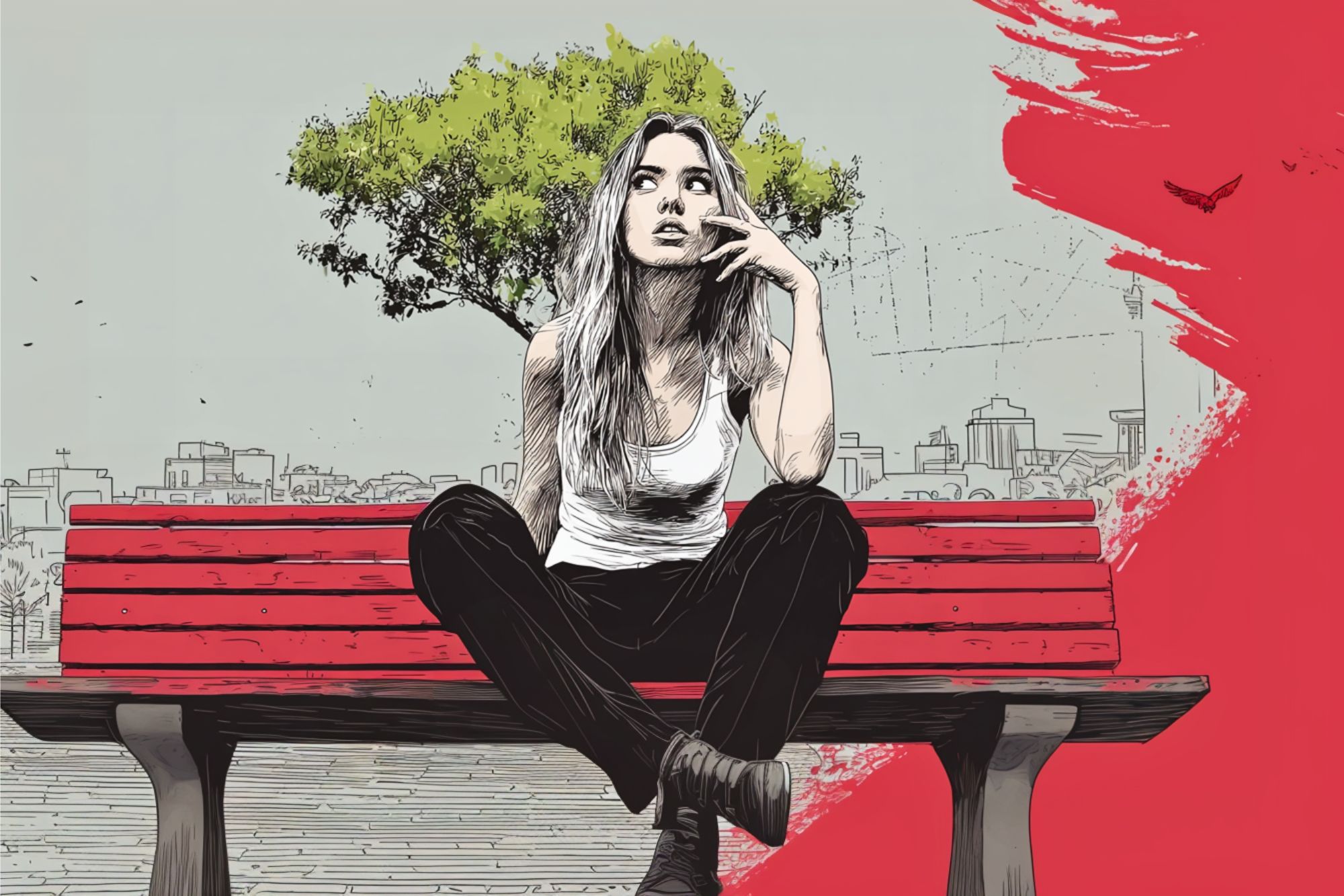 A young woman sits on a red bench, looking thoughtful. She wears a white tank top and black pants. A green tree and cityscape appear in the background, with red paint strokes on the right side of the image.