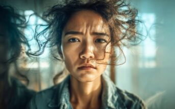 A young woman with messy, windswept hair stares intensely into the camera, her expression serious and slightly distressed, with sunlight streaming through a window in the background.