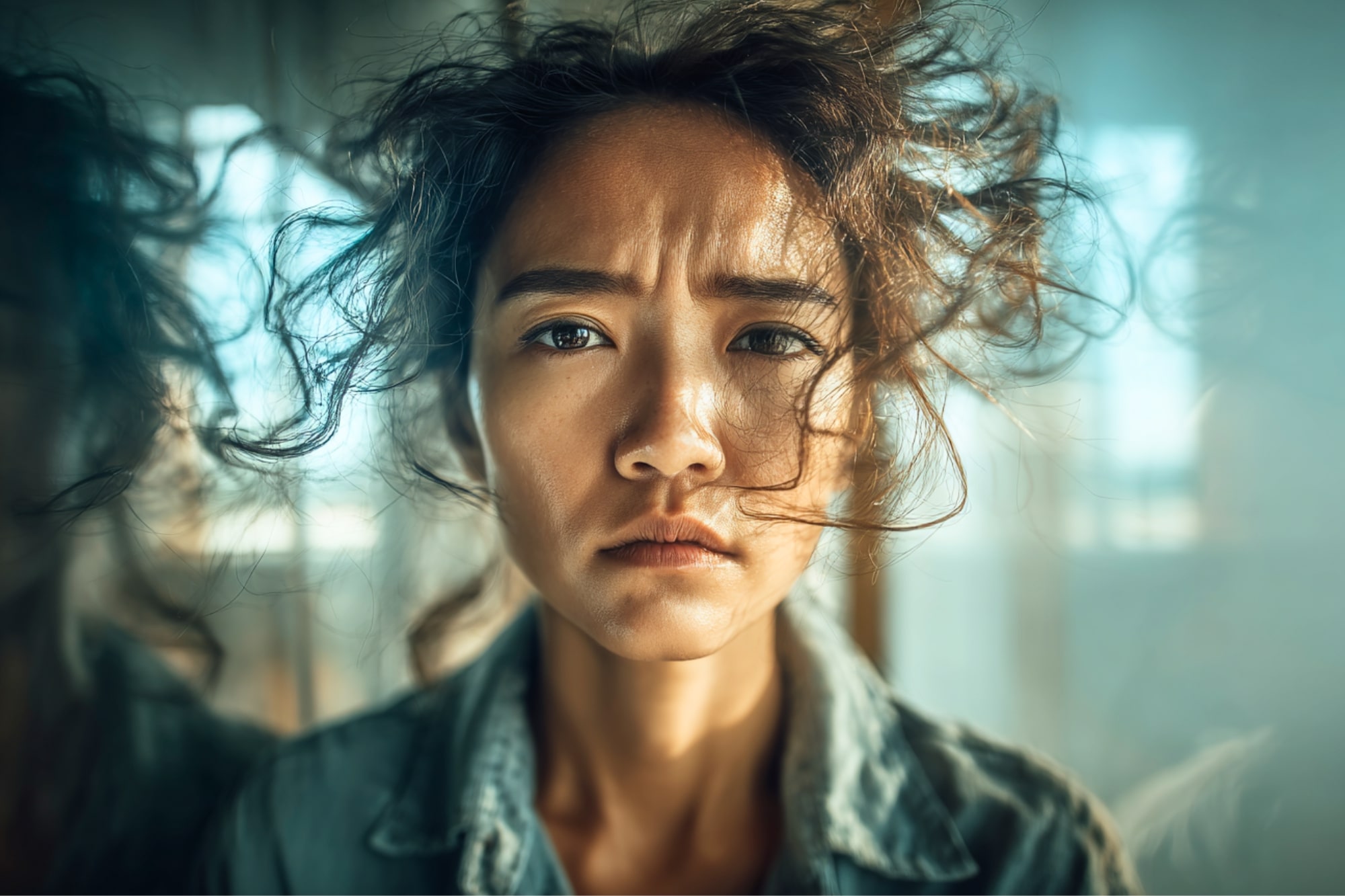 A young woman with messy, windswept hair stares intensely into the camera, her expression serious and slightly distressed, with sunlight streaming through a window in the background.