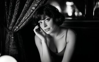 A woman with short dark hair and bangs sits by a window with draped curtains, resting her hand on her face and looking at the camera. The image is black and white, creating a classic, vintage atmosphere.