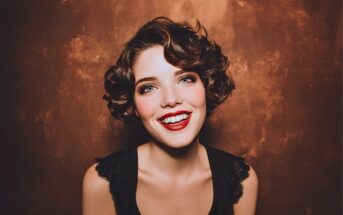 A young woman with short, wavy brown hair and bright red lipstick smiles warmly at the camera. She is wearing a black sleeveless top and stands against a textured, brown background.