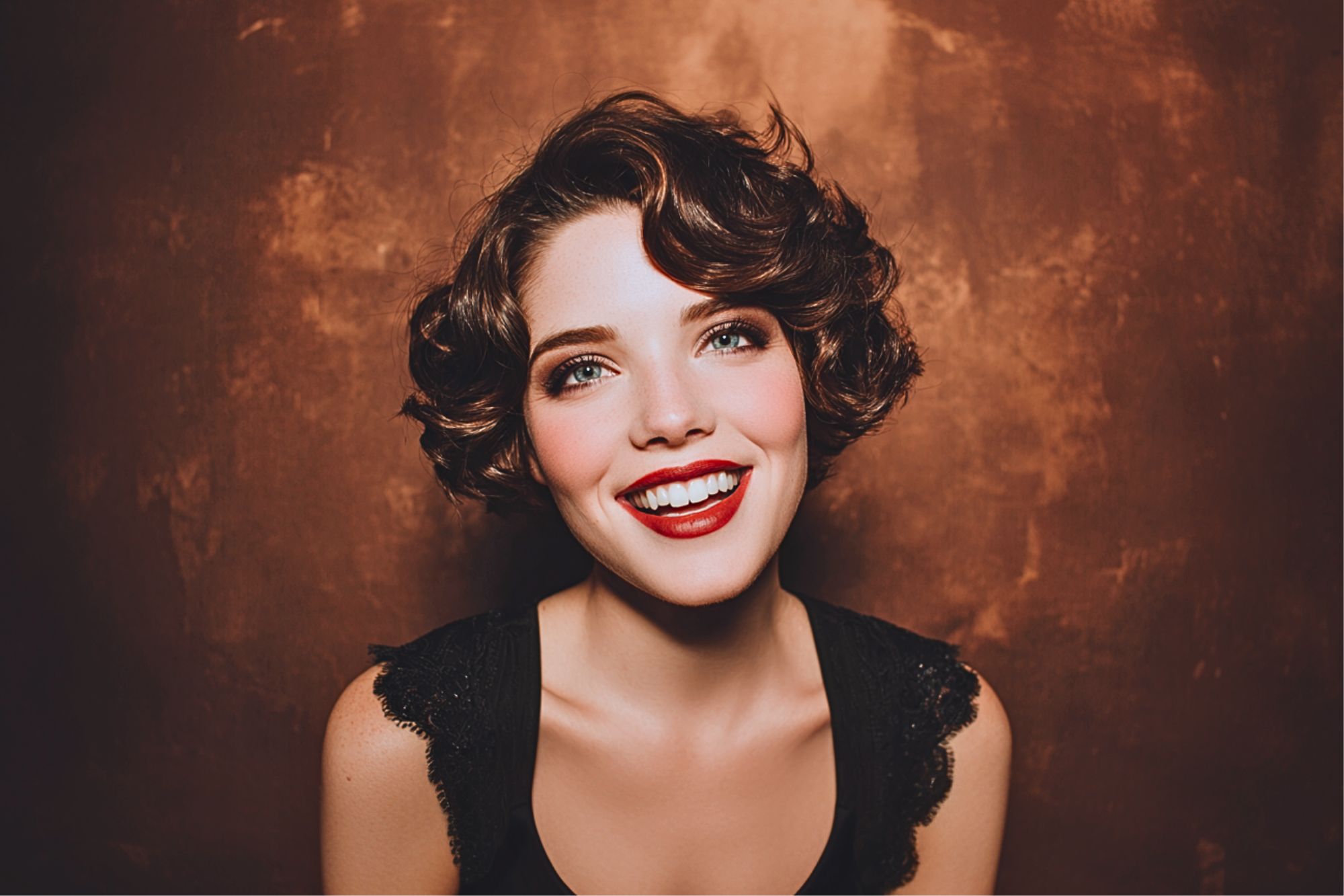A young woman with short, wavy brown hair and bright red lipstick smiles warmly at the camera. She is wearing a black sleeveless top and stands against a textured, brown background.
