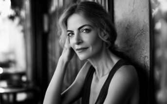 Black and white portrait of a middle-aged woman with wavy hair, wearing a sleeveless top, sitting and leaning against a textured wall, looking at the camera with a gentle, confident expression.
