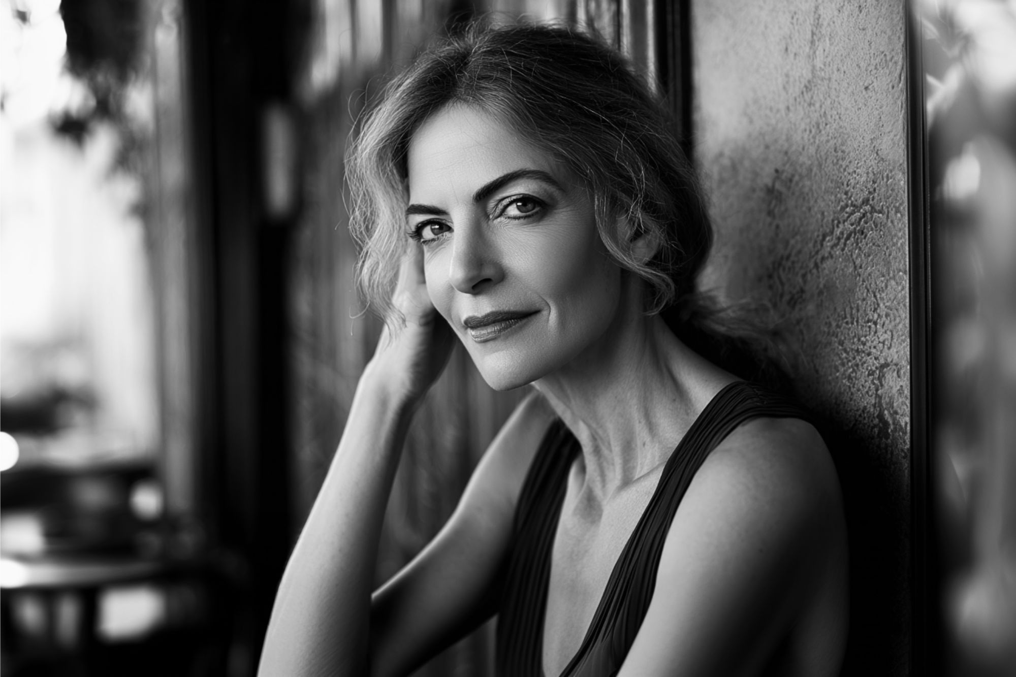 Black and white portrait of a middle-aged woman with wavy hair, wearing a sleeveless top, sitting and leaning against a textured wall, looking at the camera with a gentle, confident expression.