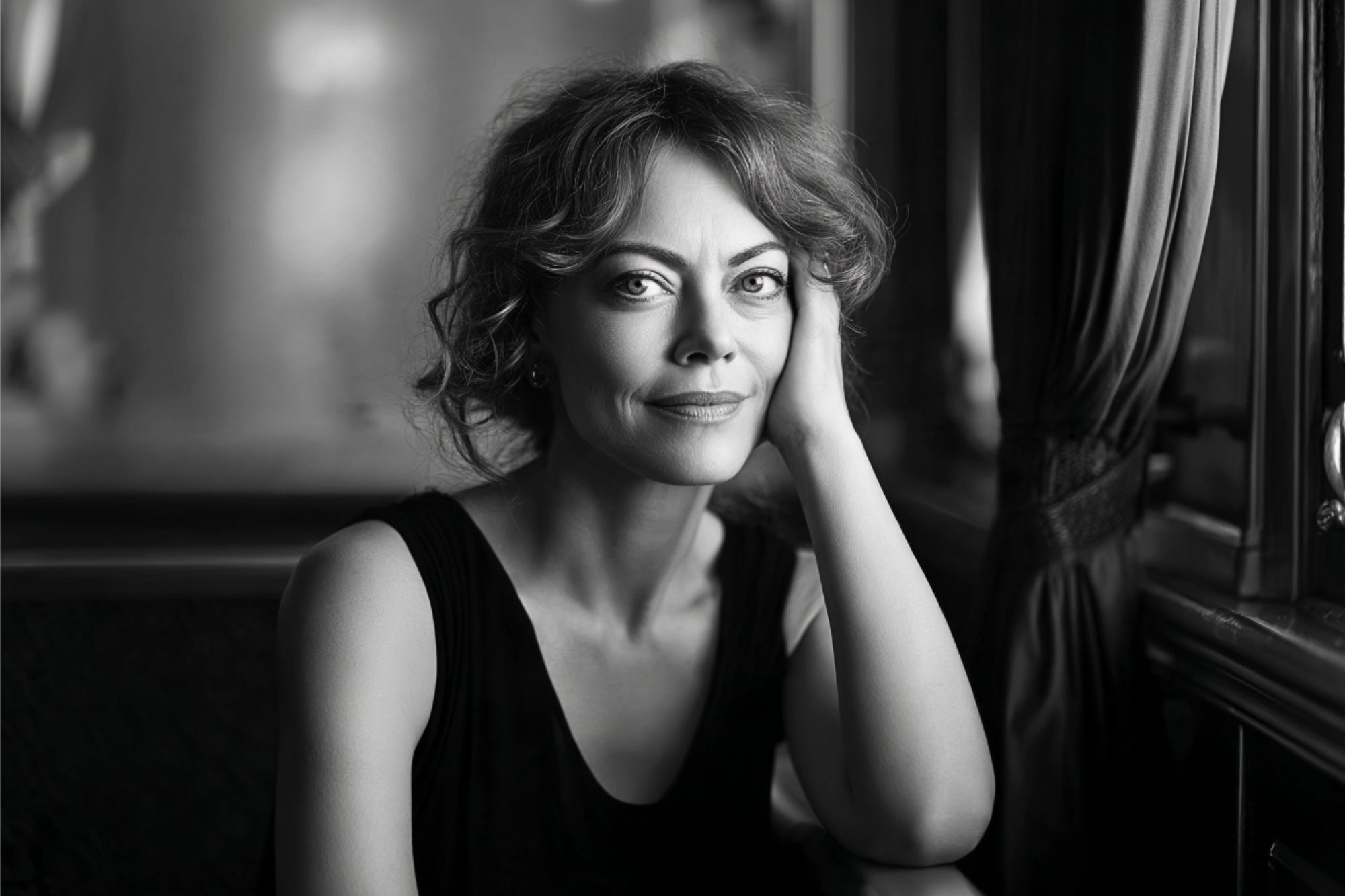 Black and white portrait of a woman with curly hair resting her chin on her hand, looking toward the camera.