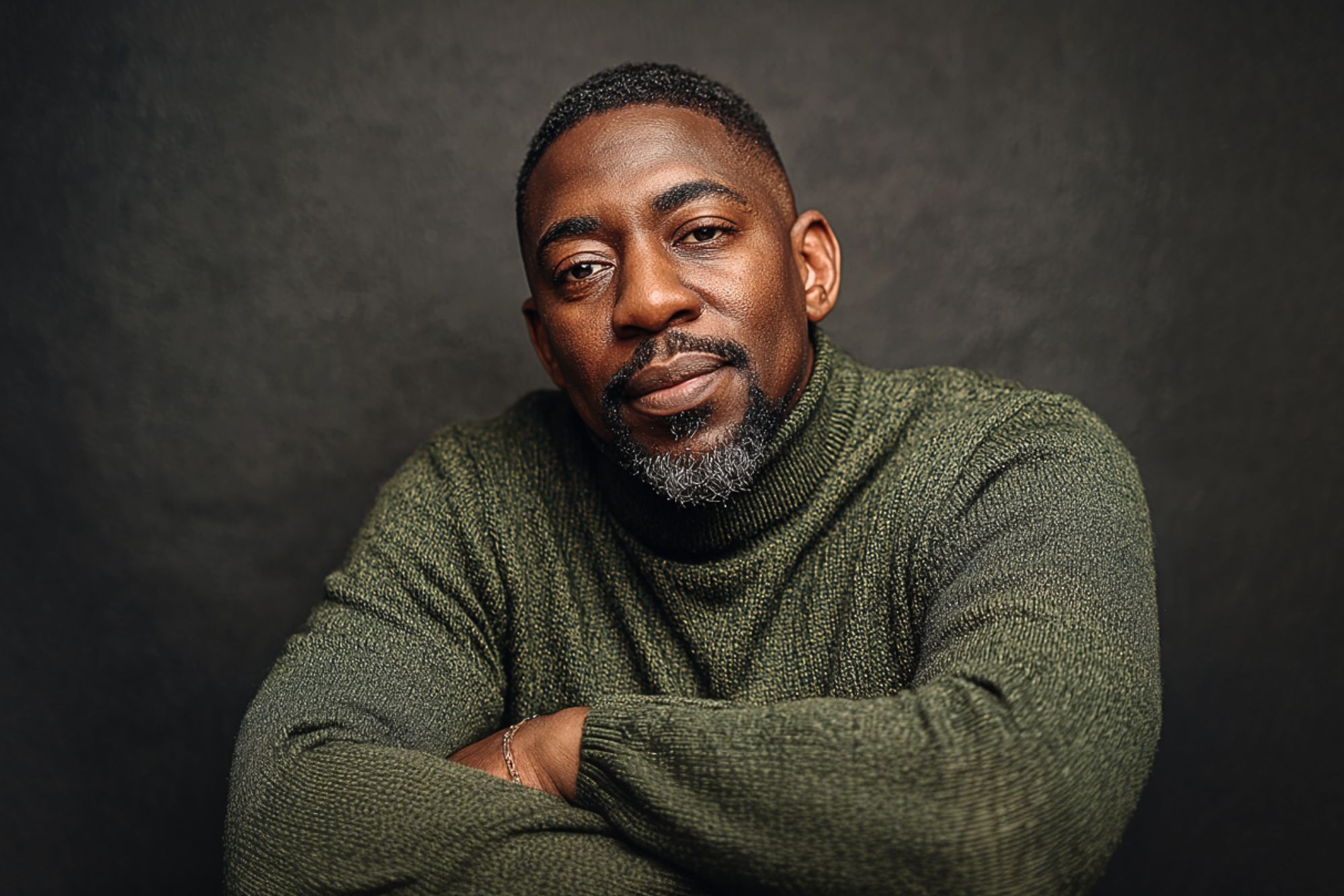 A man with short hair and a trimmed beard wears a green knit sweater and sits with his arms crossed, looking thoughtfully at the camera against a dark background.