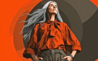 An older woman with long gray hair wears a bold red blouse and brown pants, standing confidently against an abstract background with red and dark circular shapes.