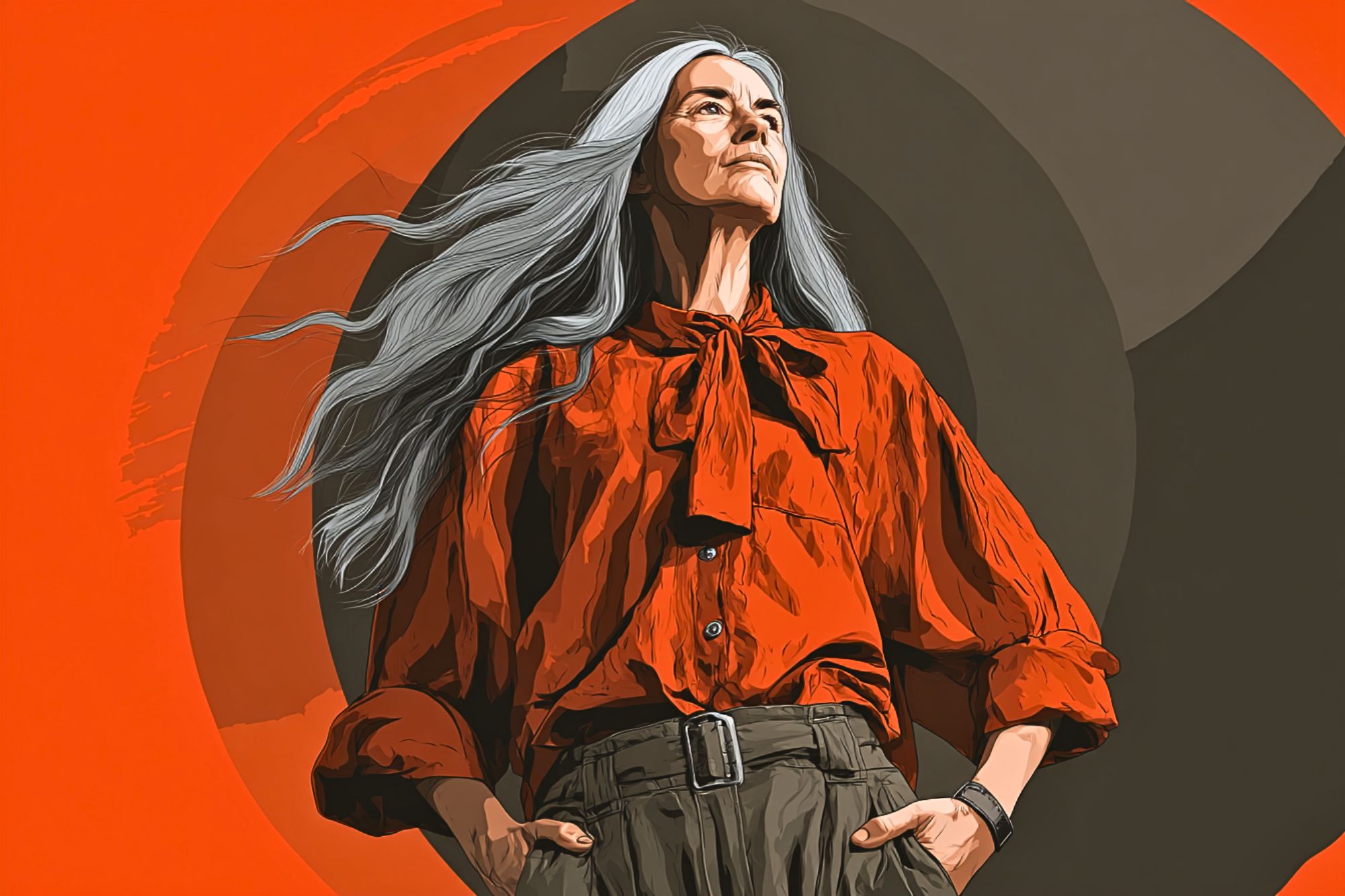 An older woman with long gray hair wears a bold red blouse and brown pants, standing confidently against an abstract background with red and dark circular shapes.