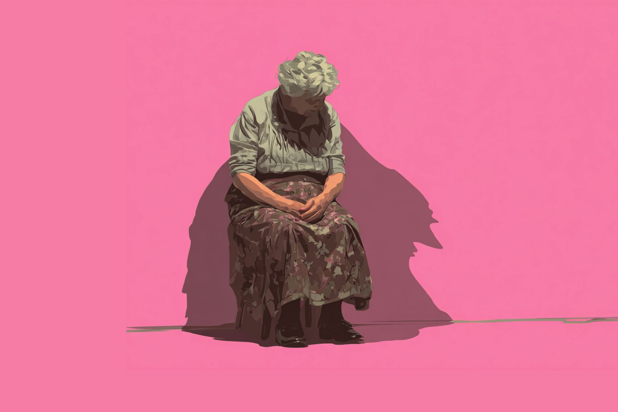 An elderly person with gray hair sits hunched over on a chair against a plain pink background, hands resting in their lap, casting a shadow on the wall behind them.