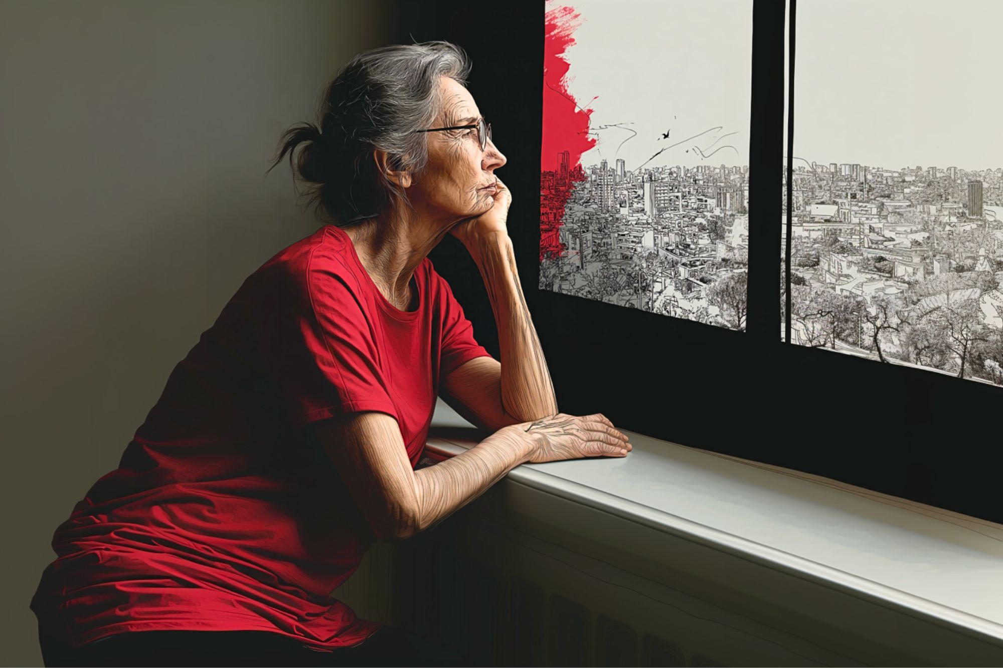 An elderly woman in a red shirt gazes thoughtfully out a window at a cityscape, with part of the view illustrated in black, white, and red sketch style.