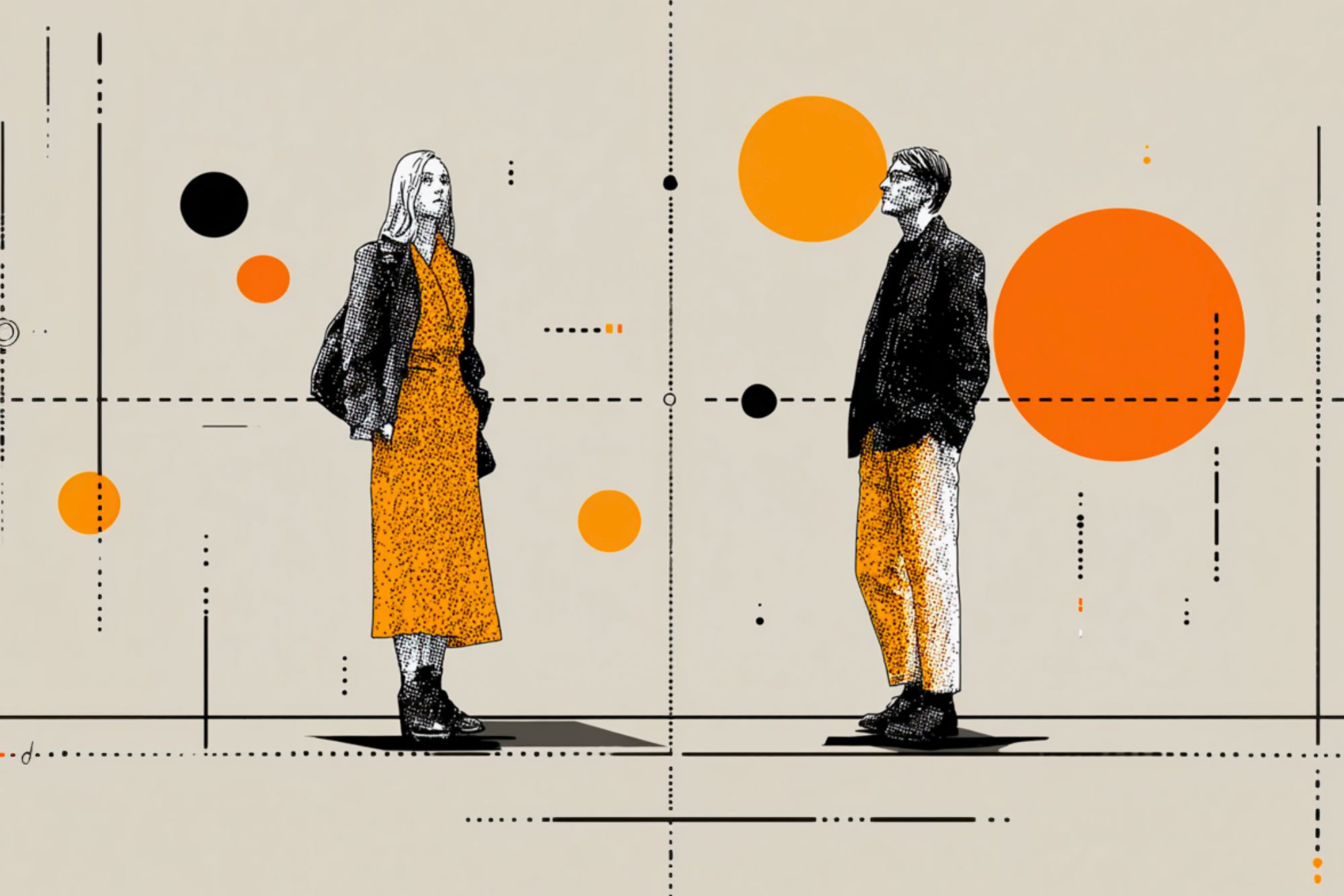 Illustration of a woman and a man facing each other, both wearing orange clothing, with abstract orange and black geometric shapes and dotted lines in the background.