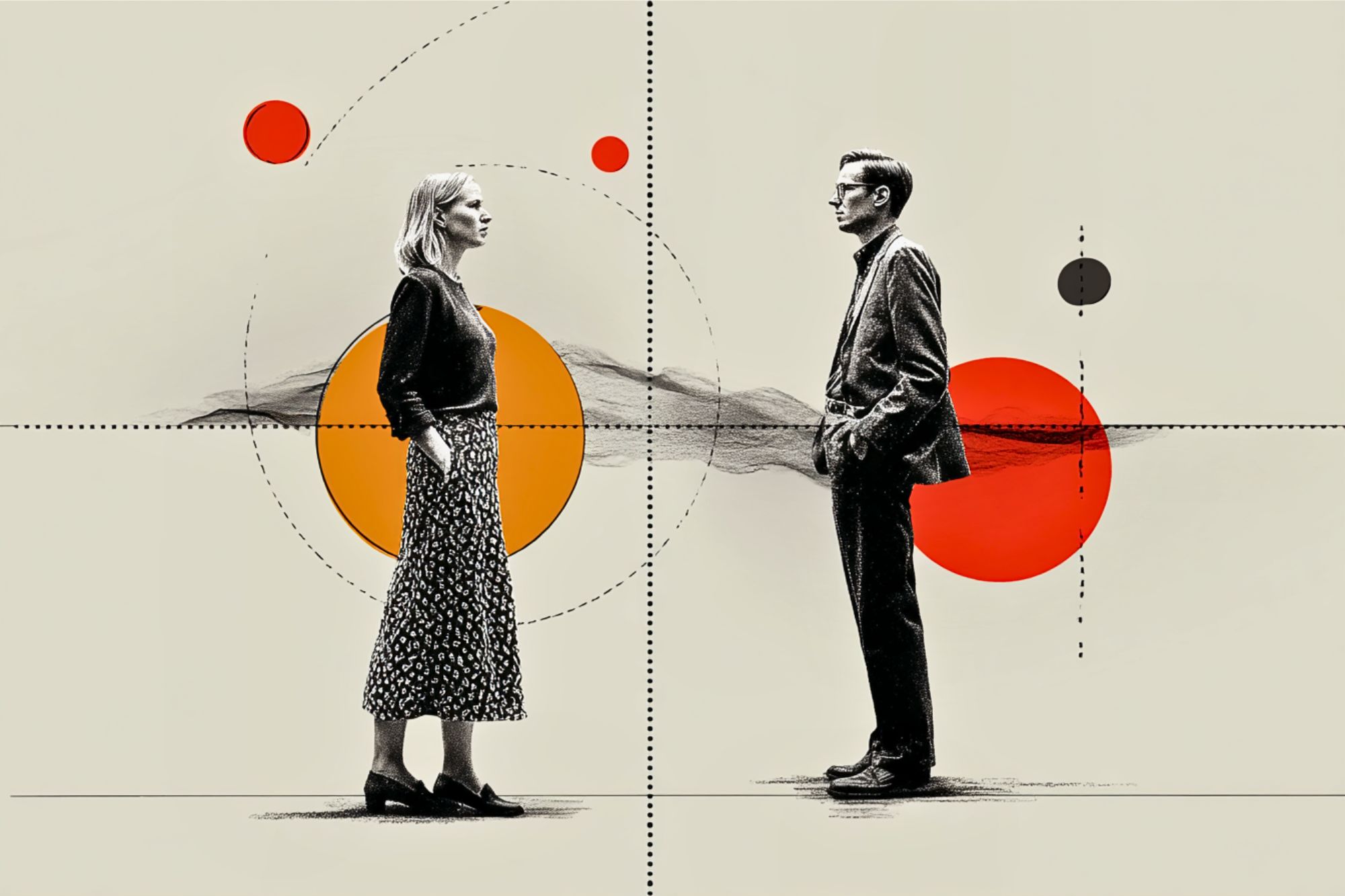 A man and a woman stand facing each other against a beige background with abstract geometric shapes, including circles and dotted lines, in orange, red, and black, suggesting a sense of distance or communication.