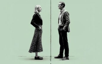 A woman and a man stand facing each other on opposite sides of a dashed line, suggesting separation or division, against a pale green background.