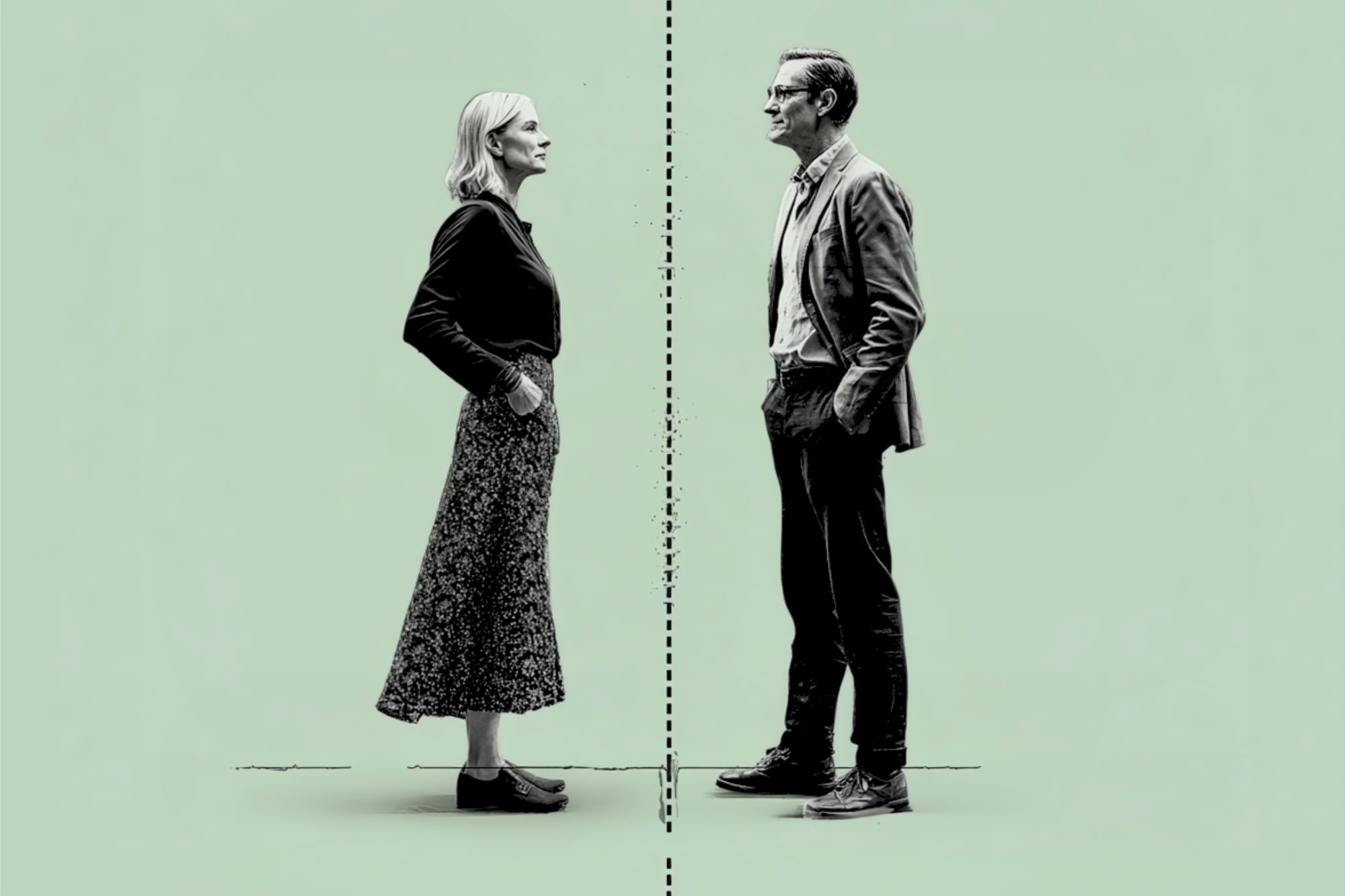 A woman and a man stand facing each other on opposite sides of a dashed line, suggesting separation or division, against a pale green background.