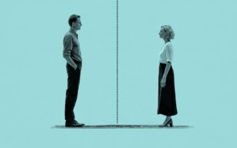 A man and woman stand facing each other, separated by a vertical dotted line on a solid blue background.
