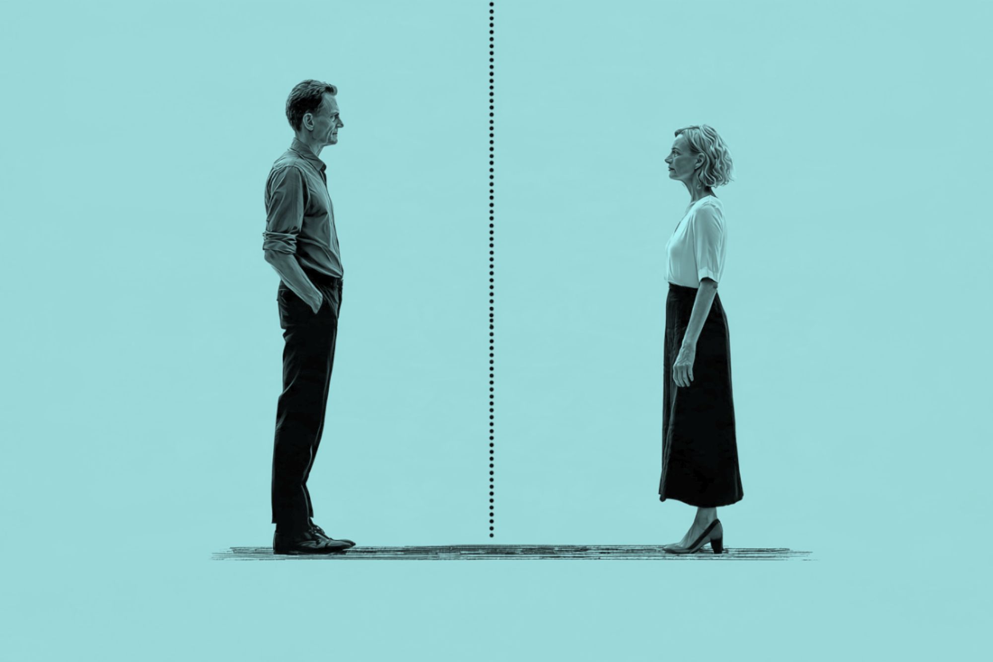 A man and woman stand facing each other, separated by a vertical dotted line on a solid blue background.