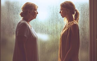 Two women, one older and one younger, stand facing each other in front of a rain-streaked window, looking serious and contemplative. Soft light filters through the glass, creating a moody atmosphere.