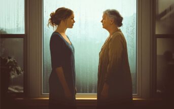 A younger woman and an older woman stand facing each other in front of a large rain-covered window, soft light illuminating them as they share a quiet, intense moment indoors.