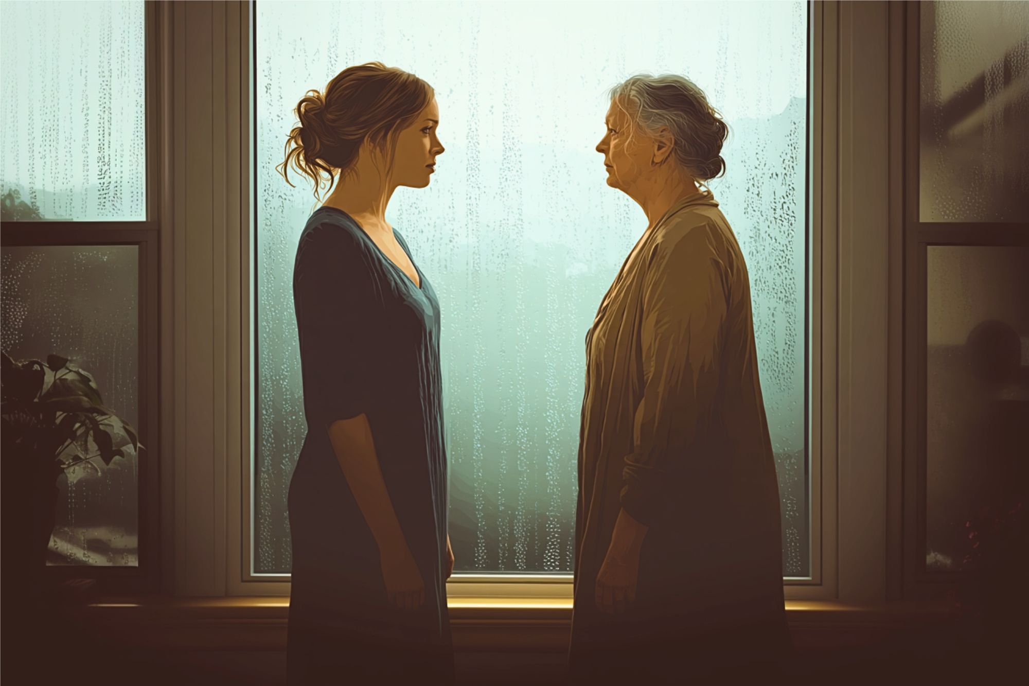 A younger woman and an older woman stand facing each other in front of a large rain-covered window, soft light illuminating them as they share a quiet, intense moment indoors.
