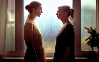 A young woman and an older woman stand face-to-face by a window with condensation, softly lit by daylight. A potted plant is on the windowsill, and both women look at each other with serious expressions.