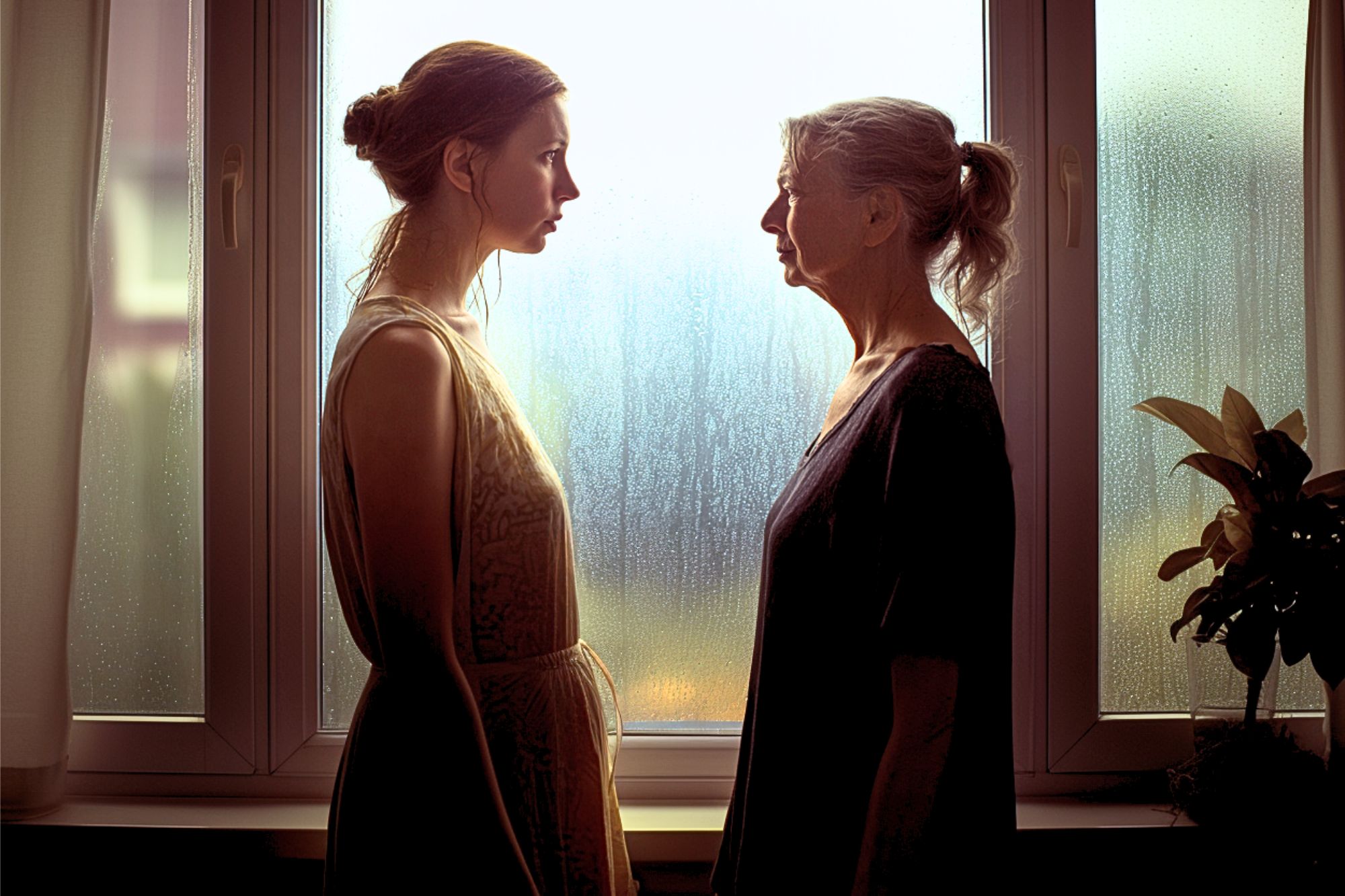 A young woman and an older woman stand face-to-face by a window with condensation, softly lit by daylight. A potted plant is on the windowsill, and both women look at each other with serious expressions.