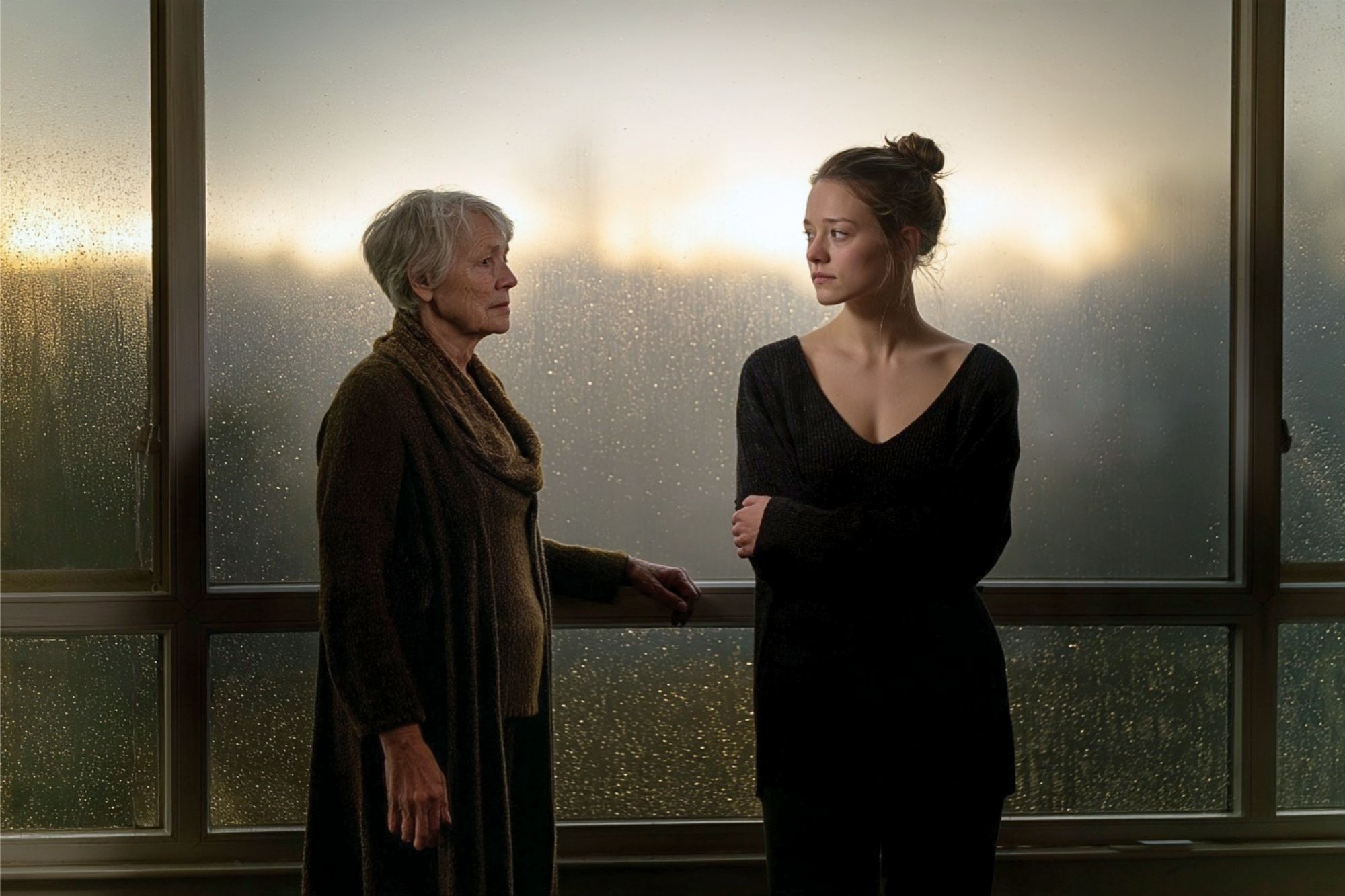 An older woman and a younger woman stand by a rain-covered window at sunset, facing each other. The older woman looks at the younger, who gazes outside with arms crossed, suggesting a serious or emotional moment.