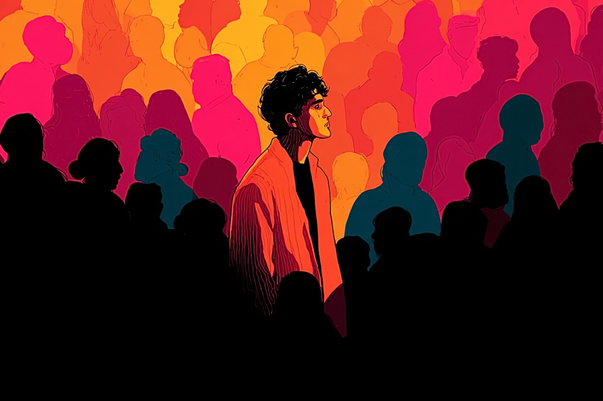 A person with curly hair stands out in vibrant light among a crowd of shadowy silhouettes, surrounded by bold orange, pink, and yellow hues.