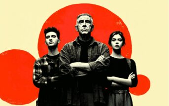 Three people stand side by side with serious expressions; an older man stands in the center with arms crossed, flanked by a younger man and woman. A bold red circular pattern is behind them on a beige background.