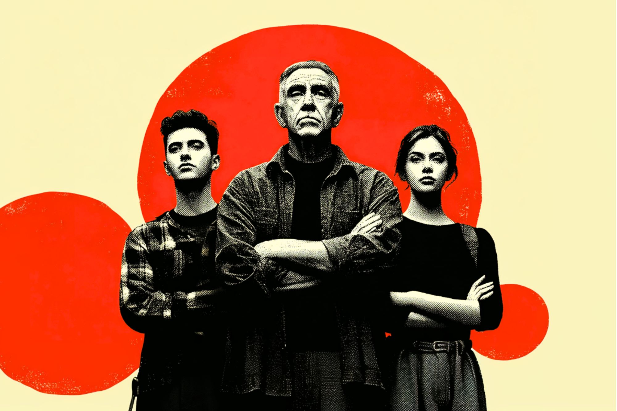 Three people stand side by side with serious expressions; an older man stands in the center with arms crossed, flanked by a younger man and woman. A bold red circular pattern is behind them on a beige background.
