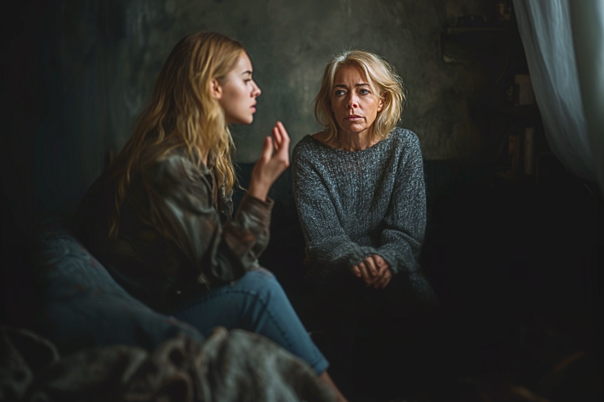 Two women sit indoors in a dimly lit room. The younger woman gestures while speaking, and the older woman listens attentively with a thoughtful expression. Both wear casual clothing and appear engaged in a serious conversation.