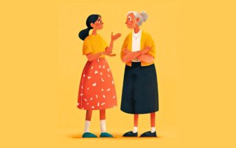 Illustration of a young woman talking and gesturing toward an older woman with gray hair and folded arms. Both are standing against a yellow background and wear skirts and cardigans, appearing to have a serious conversation.