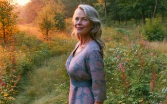 A middle-aged woman with long, light hair standing in a sunlit meadow of wildflowers.