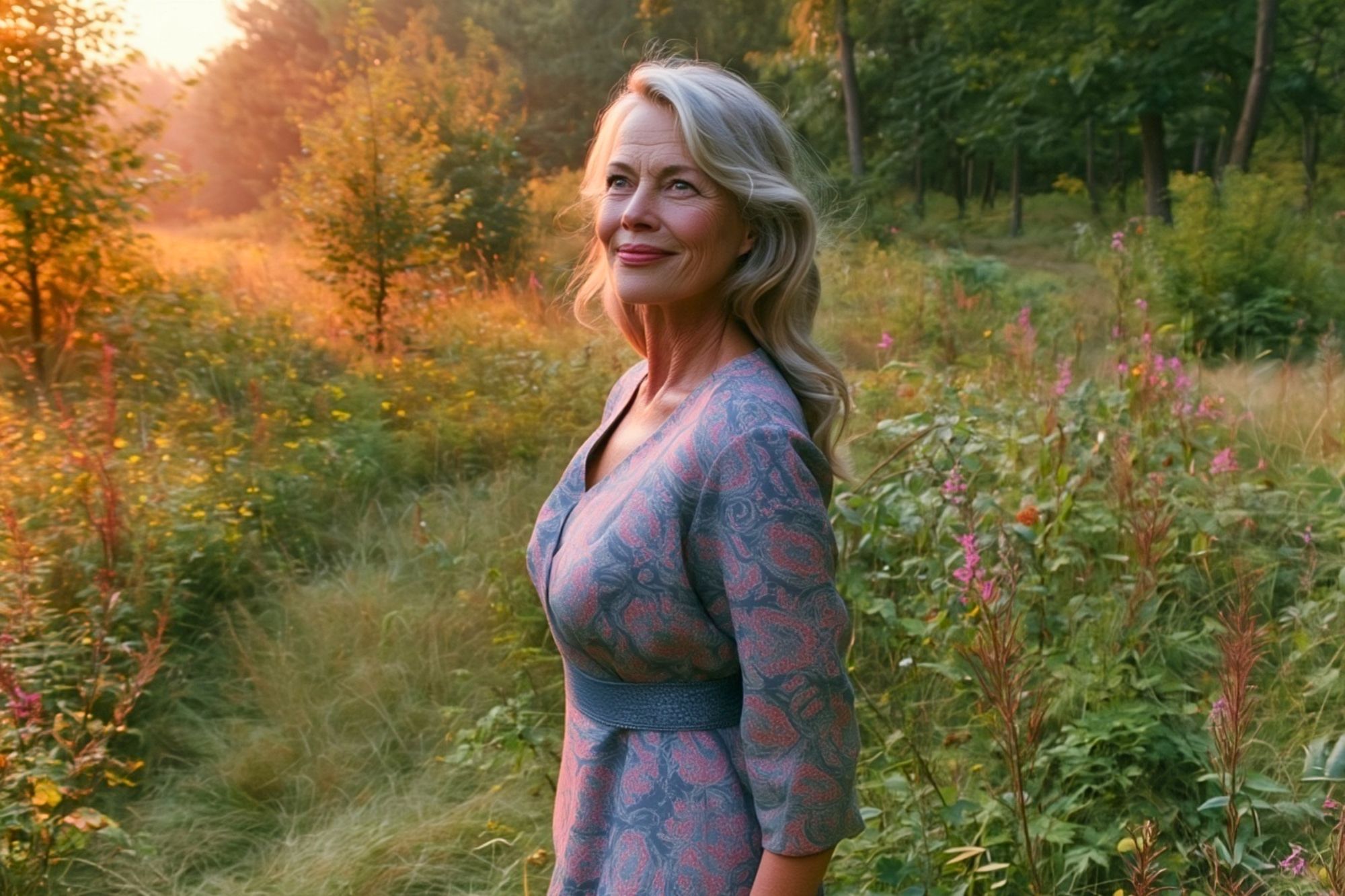 A middle-aged woman with long, light hair standing in a sunlit meadow of wildflowers.