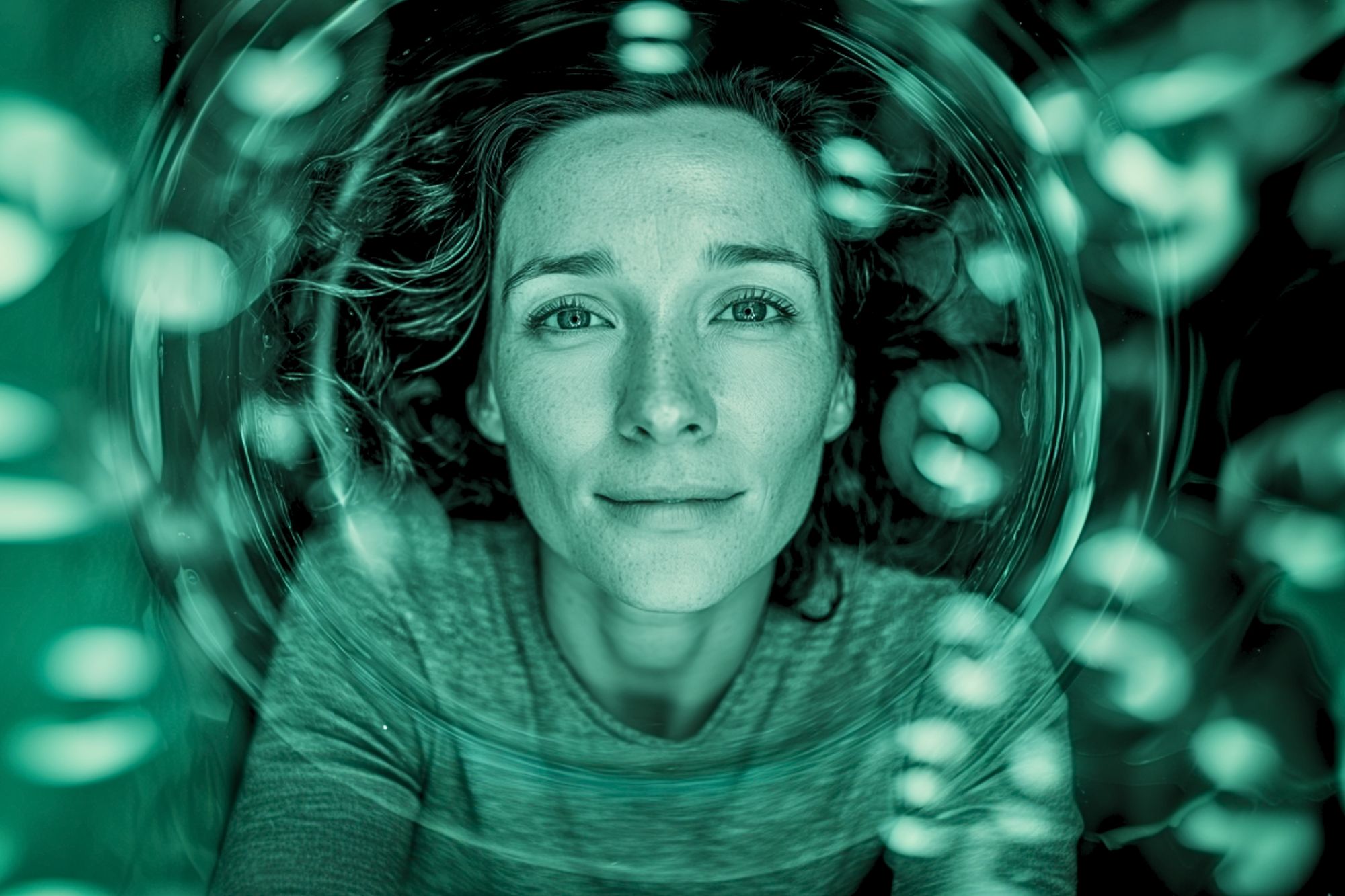 A person with wavy hair gazes calmly upward, surrounded by circular reflections and greenish light, creating a dreamy, underwater-like effect.
