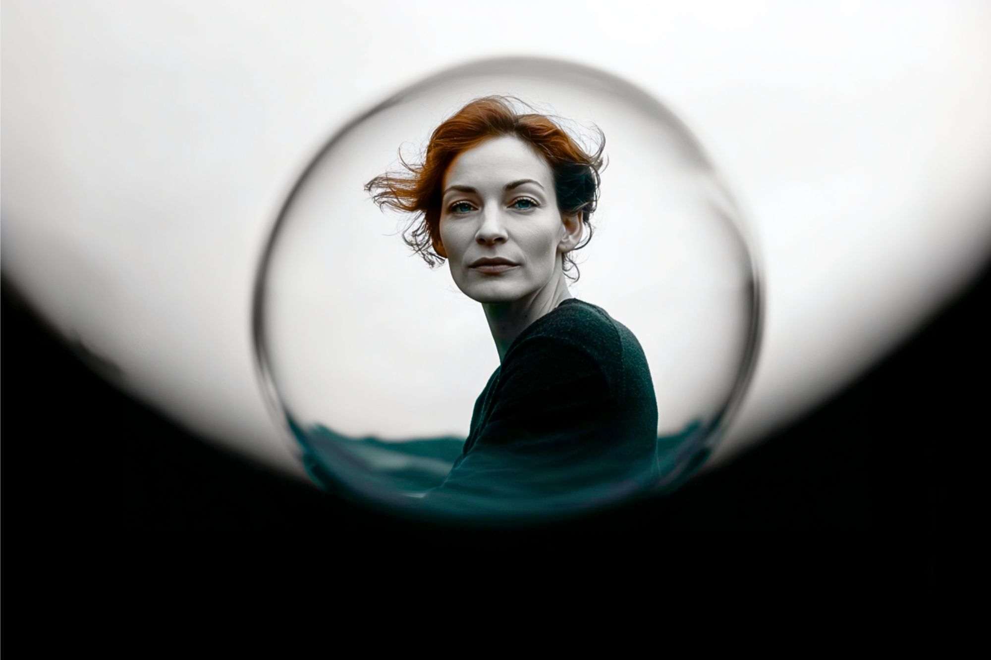 A woman with red hair is seen through a glass sphere, creating a circular frame around her face. The background is muted, highlighting her contemplative expression.