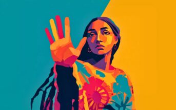 A colorful digital illustration of a woman with long hair, holding her hand up toward the viewer. The background is divided diagonally into teal and yellow, and she wears a floral-patterned shirt with bold, vibrant colors.