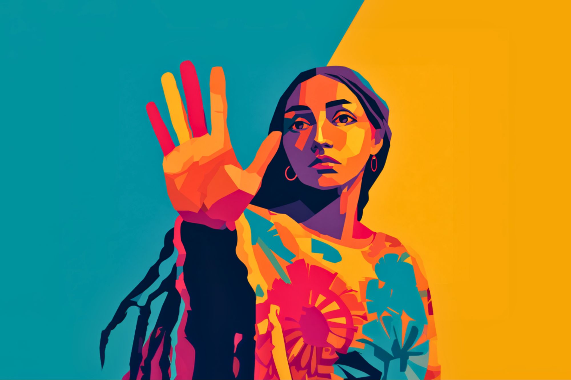 A colorful digital illustration of a woman with long hair, holding her hand up toward the viewer. The background is divided diagonally into teal and yellow, and she wears a floral-patterned shirt with bold, vibrant colors.
