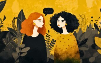 Two women with serious expressions stand among abstract plants. One has curly black hair, the other straight red hair. A speech bubble with three dots hovers between them, suggesting an awkward or tense conversation.