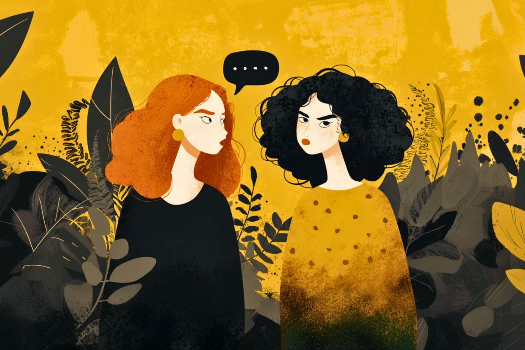 Two women with serious expressions stand among abstract plants. One has curly black hair, the other straight red hair. A speech bubble with three dots hovers between them, suggesting an awkward or tense conversation.