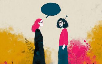 Two women stand facing each other in a colorful, abstract outdoor setting. One woman has a speech bubble above her head, while the other has a thought bubble, suggesting a conversation or inner thoughts.