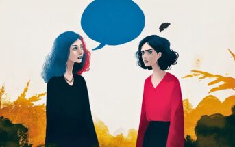 Two women stand facing each other. One, calm with blue-tinted hair, has a large blue speech bubble above her. The other, with short dark hair and a red shirt, looks angry with a small black scribble above her head.