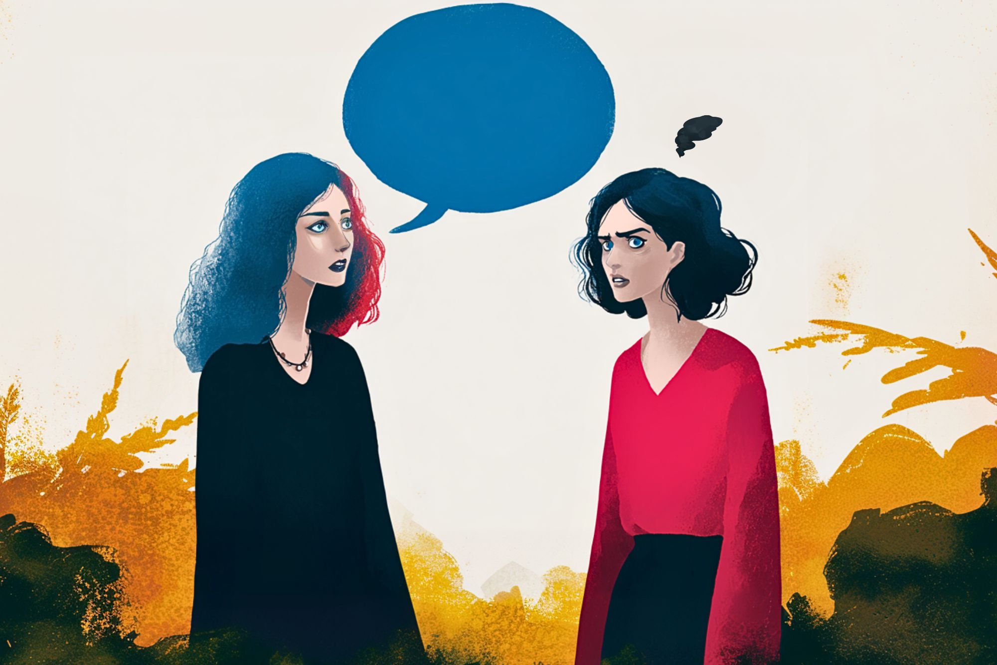 Two women stand facing each other. One, calm with blue-tinted hair, has a large blue speech bubble above her. The other, with short dark hair and a red shirt, looks angry with a small black scribble above her head.