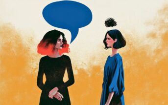 Two women stand facing each other; one has a large blue speech bubble, while the other has a scribbled thought bubble above her head, symbolizing miscommunication or confusion.
